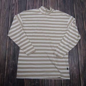 Chic Shirt Womens Medium Beige White Stripe Mock Neck Long Sleeve Pullover